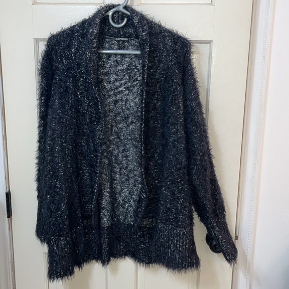 Express medium large M/L black fuzzy cozy cardigan sweater - Picture 2 of 6
